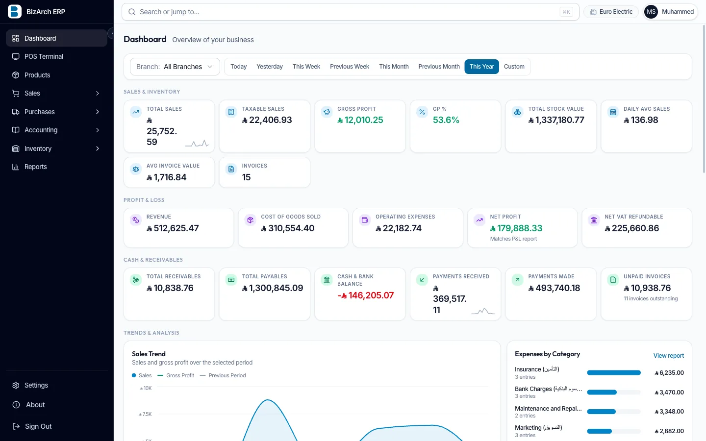 BizArch ERP dashboard showing live sales, gross profit, P&L and cash KPIs