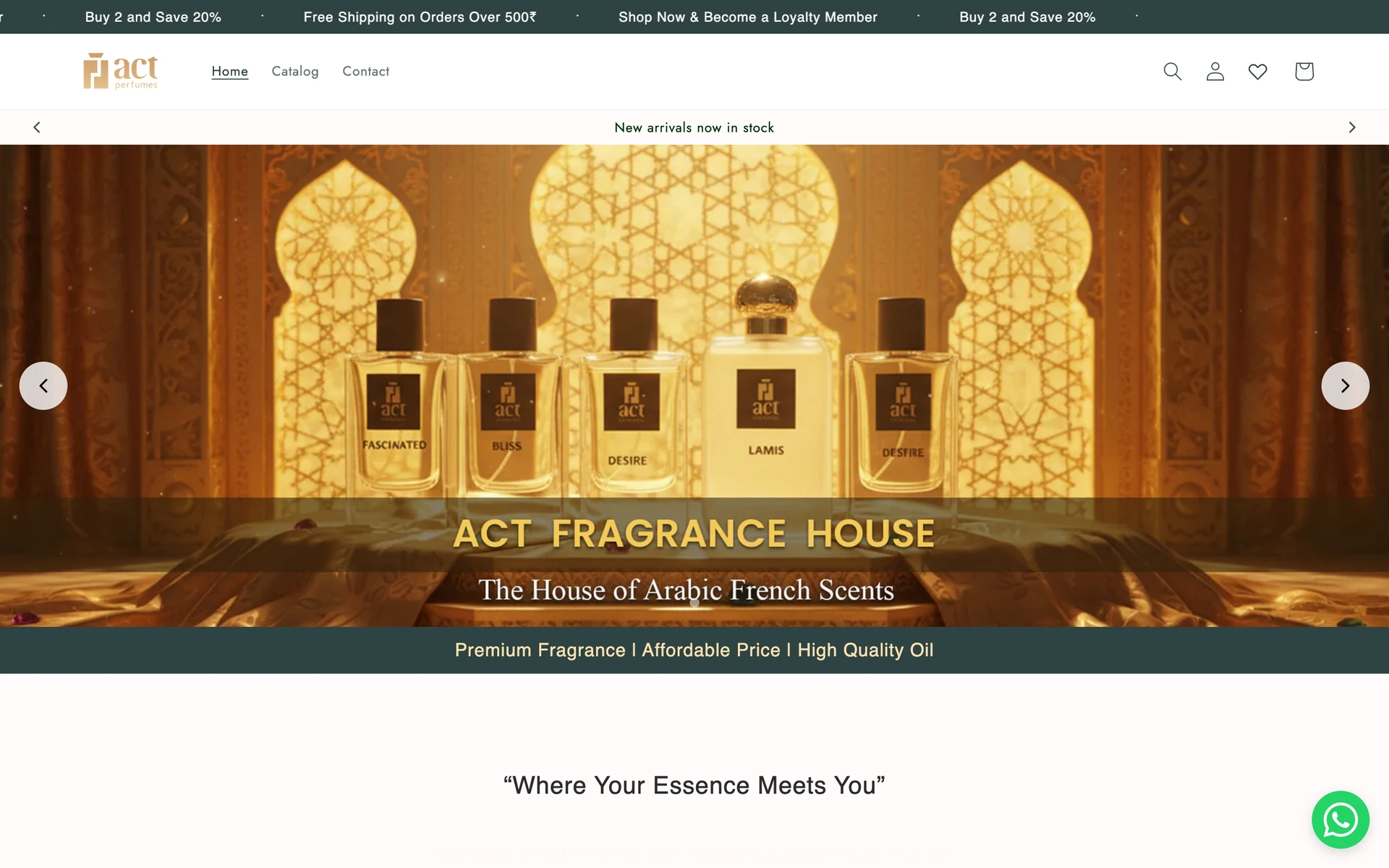 ACT Perfumes online store — gold Arabian-styled hero with the fragrance collection