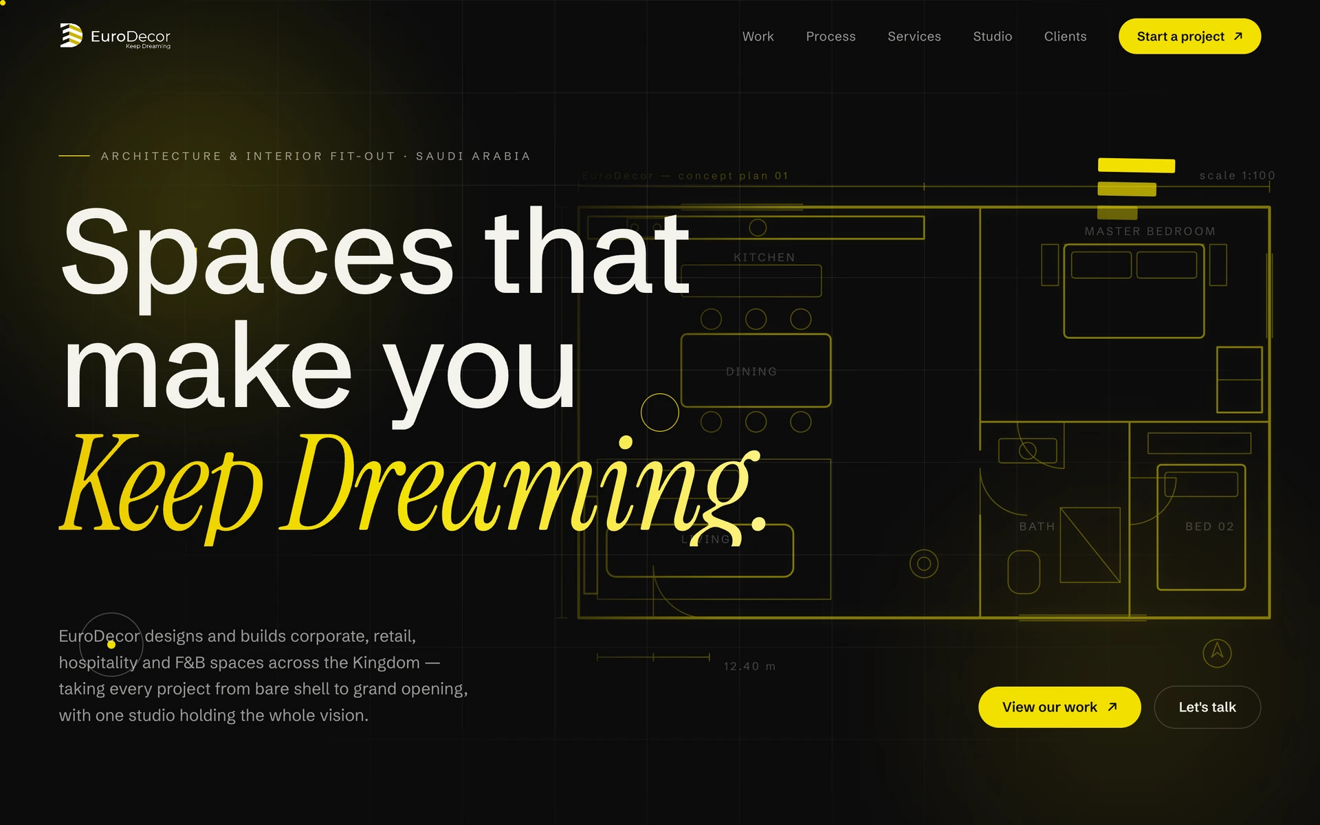 EuroDecor website hero — 'Spaces that make you Keep Dreaming' over an animated gold blueprint